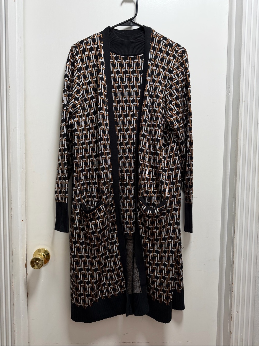 Chicos Chain Link Print Long Line Open Cardigan & Top w/ Pockets Black Gold Sz 2